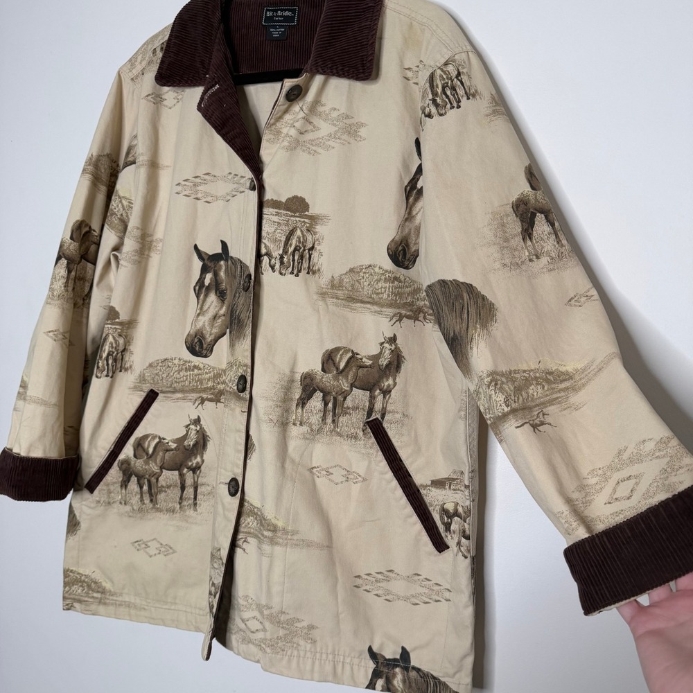 Vintage Bit & Bridle Western Horse Print Barn Jacket Tan Corduroy Trim Sz Large - Picture 5 of 11